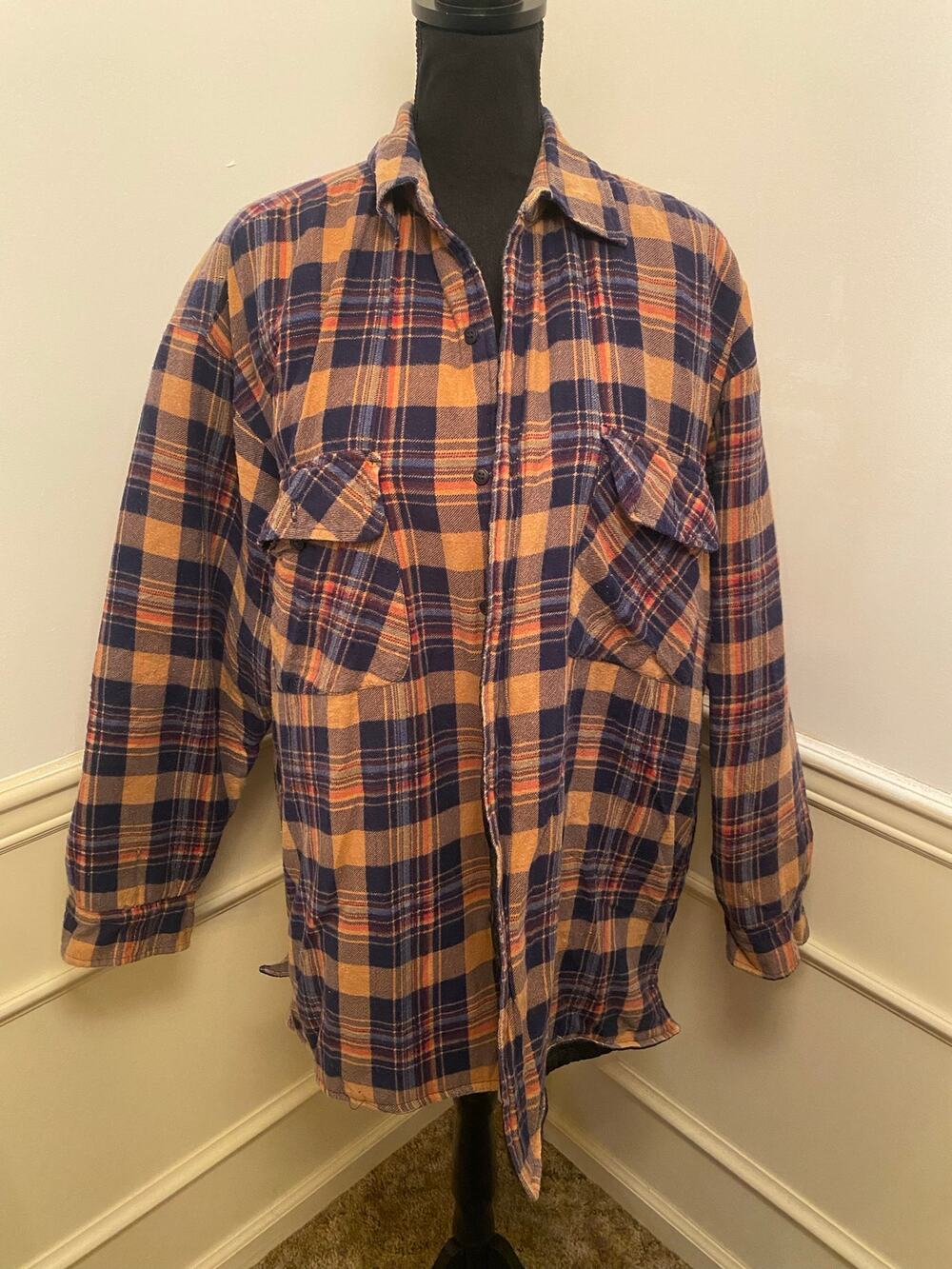 Vintage 90s Sierra Pacific Plaid Flannel Shirt Jacket Shacket Lined Blue Orange